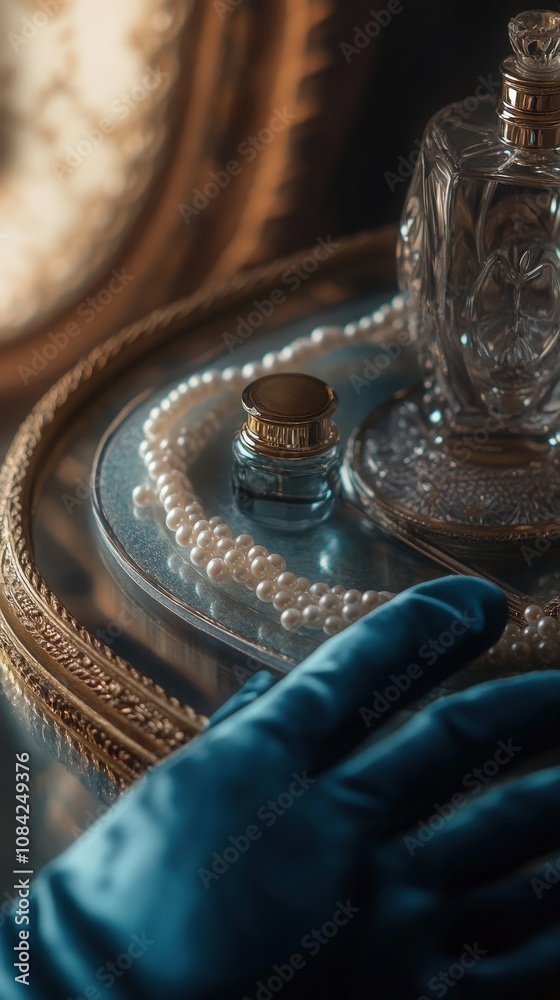 A collection of elegant fashion accessories rests on a beautifully mirrored surface.