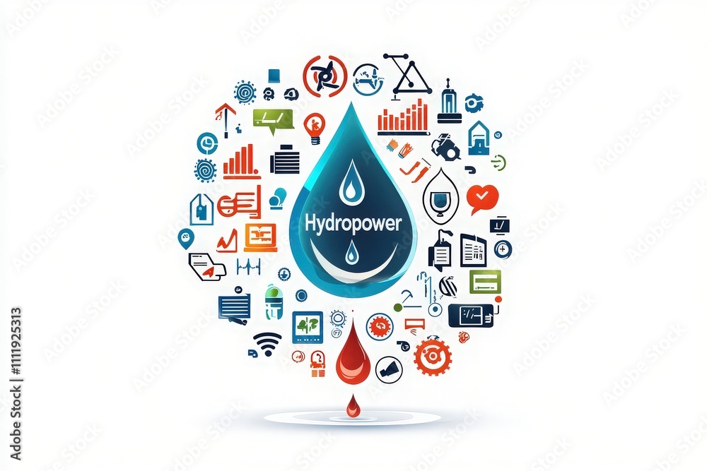 A collection of icons surrounding a central hydropower droplet emphasizes the importance of sustainable energy.