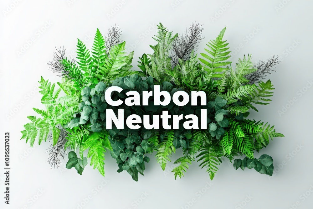 A collection of lush green plants arranged artfully on a white backdrop features bold Carbon Neutral text.