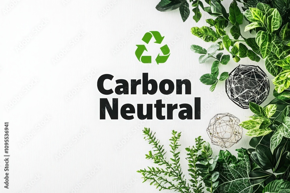 A collection of lush green plants surrounds the phrase carbon neutral, emphasizing environmental sustainability.