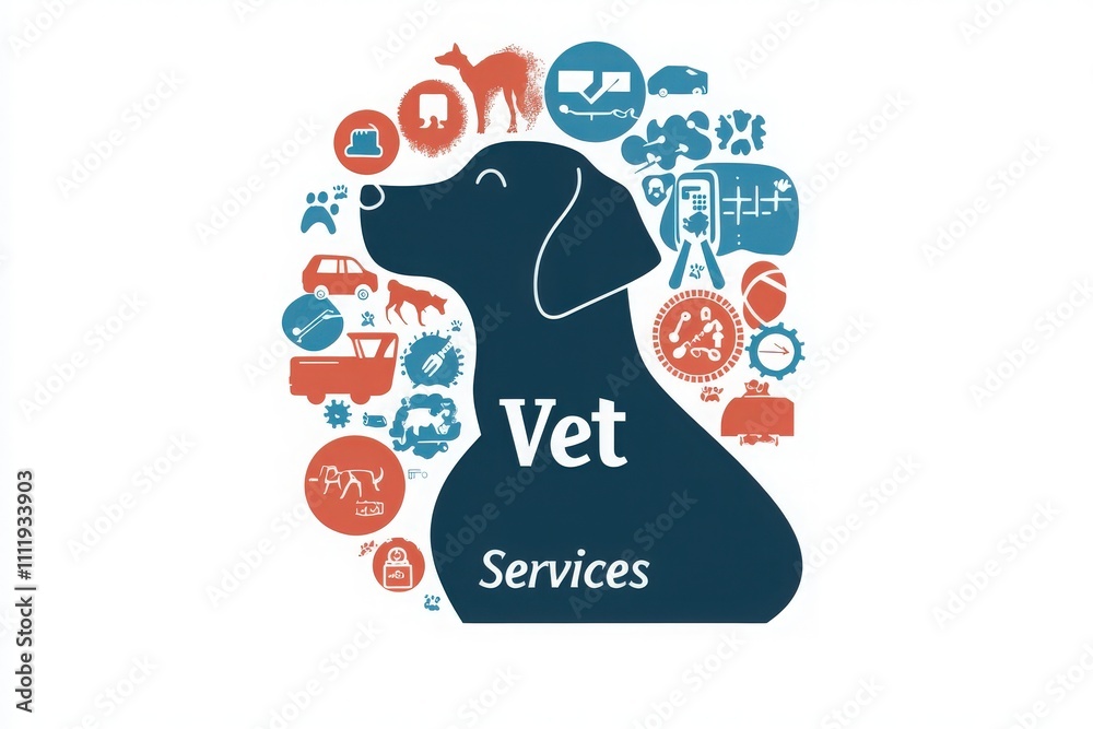 A collection of playful graphics showcasing different aspects of veterinary services, featuring animals and medical symbols. The design efficiently represents pet care and health concerns.