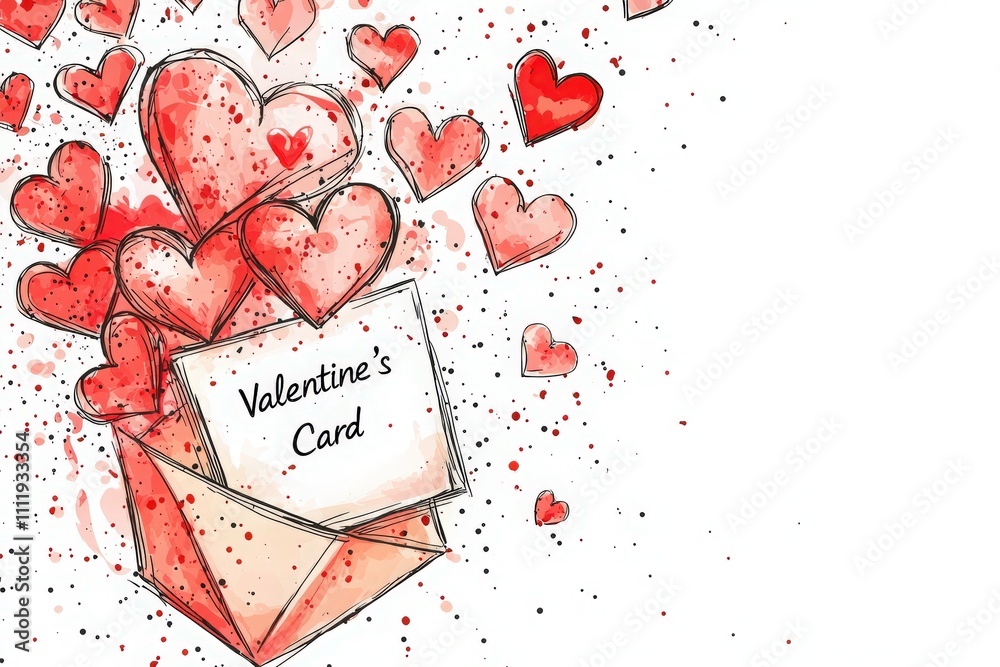 A collection of red hearts floats out of an open envelope featuring a Valentines card. This lively artwork celebrates love and affection, perfect for romantic occasions.