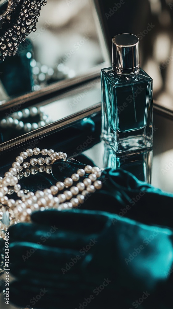 A collection of stylish fashion accessories rests on a mirrored surface. The setup features a chic perfume bottle, pearl necklace, and luxurious gloves, showcasing refined elegance and charm.