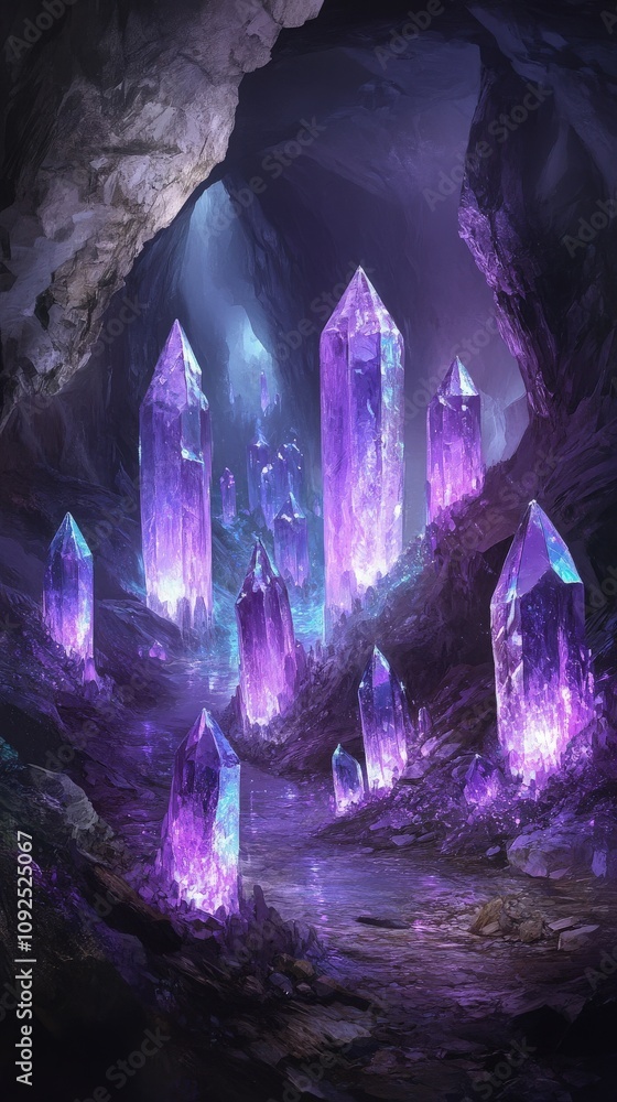 A collection of tall, radiant purple crystals rises from the rocky ground of a mystical cave, reflecting shimmering light from above. The scene feels enchanting and otherworldly.