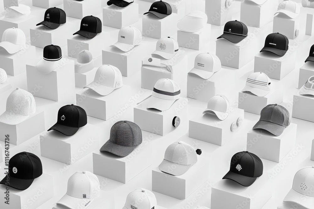 A collection of various caps placed on white pedestals showcases an array of designs and colors. The minimalist monochrome background enhances the modern look of the display.