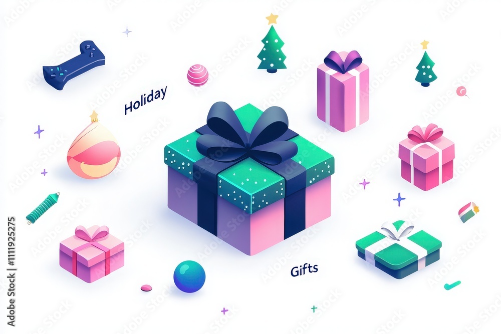 A collection of vibrant holiday gifts featuring various shapes and colors is displayed. Accompanying elements such as ornaments and trees enhance the festive atmosphere.