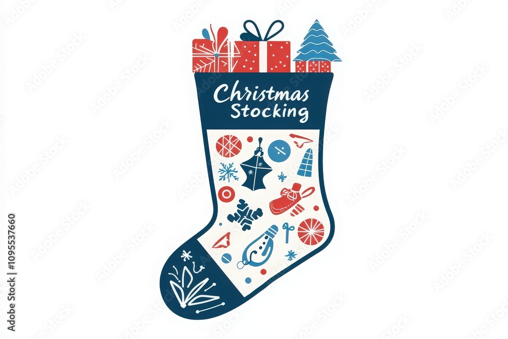 A colorful Christmas stocking adorned with various festive symbols, including gifts, snowflakes, and decorations, showcases the spirit of the holiday season in a cheerful way.