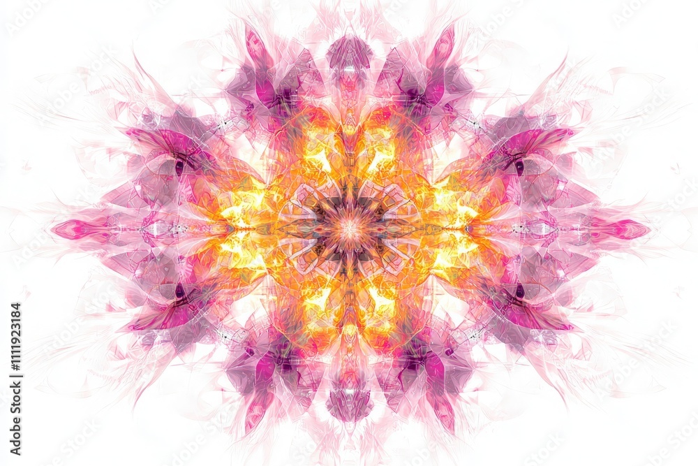 A colorful abstract design features a central mandala-like shape radiating shades of pink and orange. This vibrant artwork captures a sense of dynamic movement and complexity.