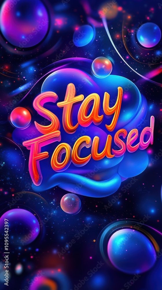 A colorful and abstract design features the phrase Stay Focused prominently against a dark, cosmic background. The vibrant shades create a lively atmosphere and encourage concentration.