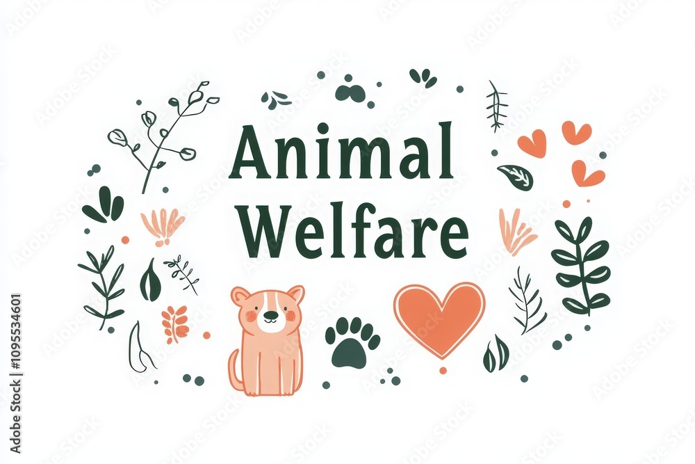 A colorful and cheerful design emphasizes the importance of animal welfare, featuring a playful dog, plants, and hearts. This artistic representation encourages compassion towards animals.