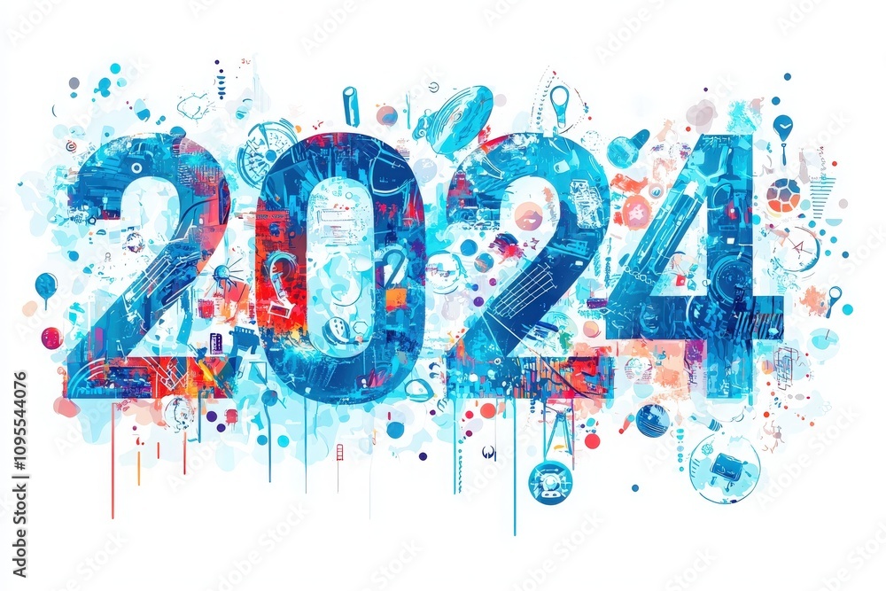 A colorful and dynamic artwork highlighting the arrival of 2024. The design features splashes of color, illustrations, and elements representing new beginnings and fresh opportunities.