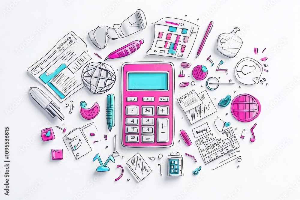 A colorful arrangement of a calculator, charts, graphs, and various stationery items illustrates the essentials for financial analysis. This creative setup captures the essence of budgeting.