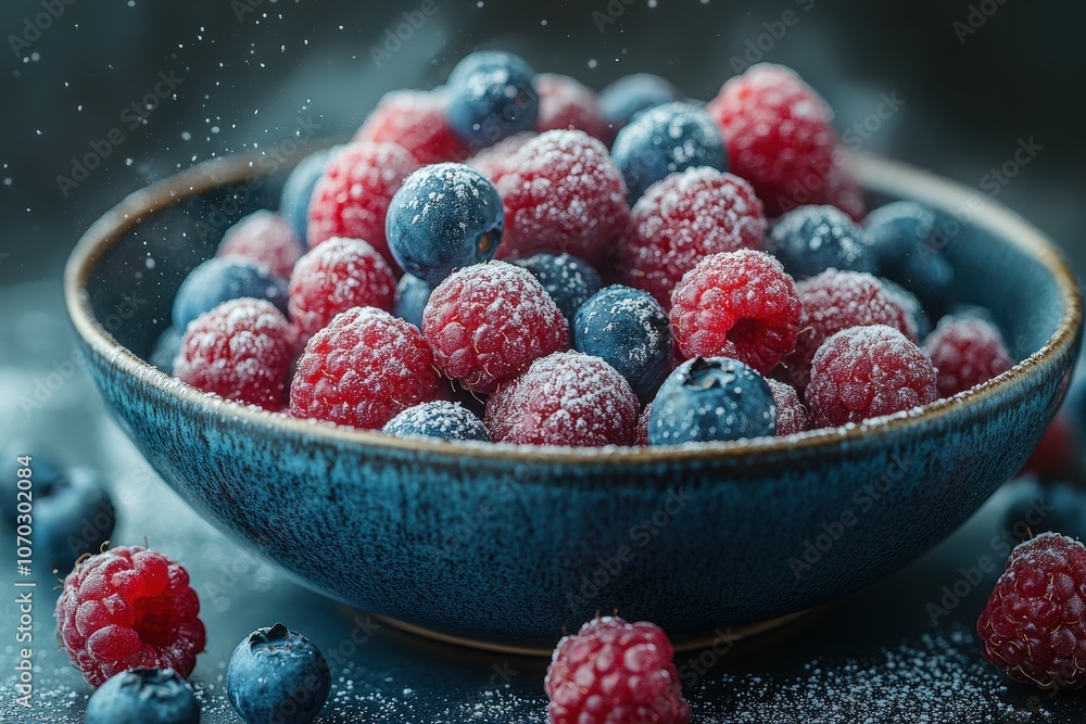 A colorful assortment of raspberries and blueberries fills a deep blue bowl, lightly dusted with powdered sugar, creating an enticing and refreshing look, perfect for a healthy treat.