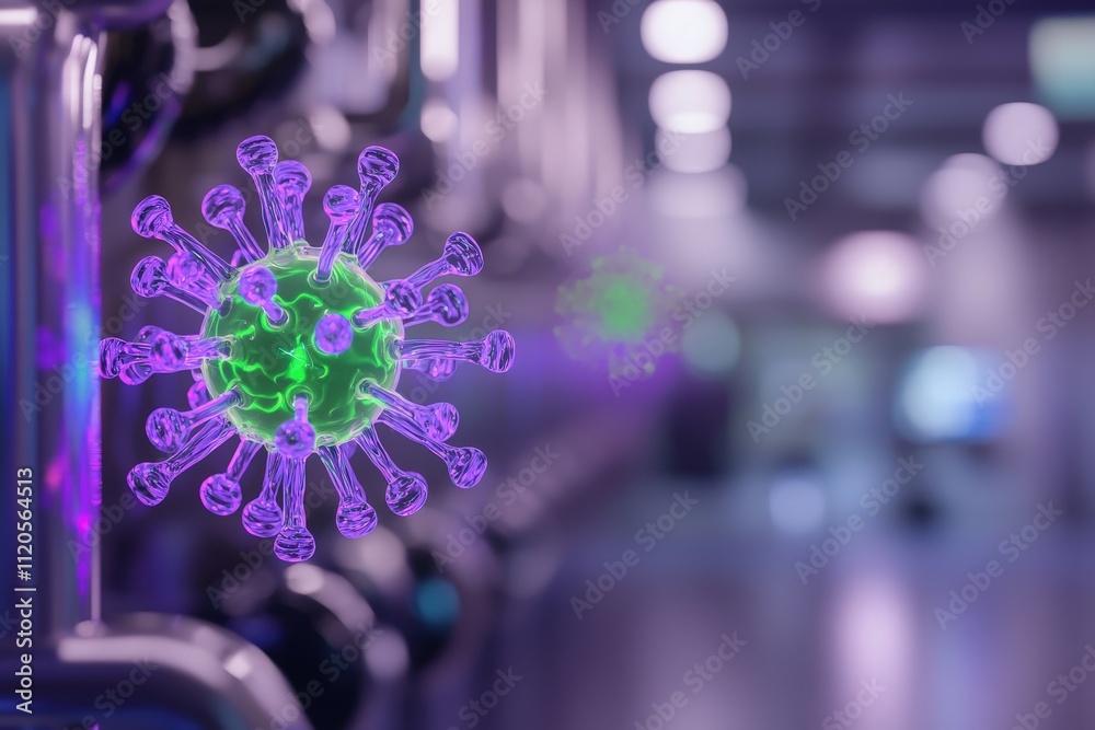 A colorful depiction of a virus, highlighted in green and purple, stands out against a blurred backdrop of a modern laboratory filled with equipment.