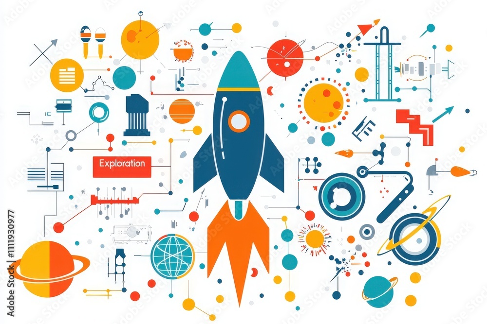 A colorful design features a rocket in a vibrant space theme. Surrounding elements include planets, stars, and scientific diagrams, emphasizing the spirit of exploration and innovation.