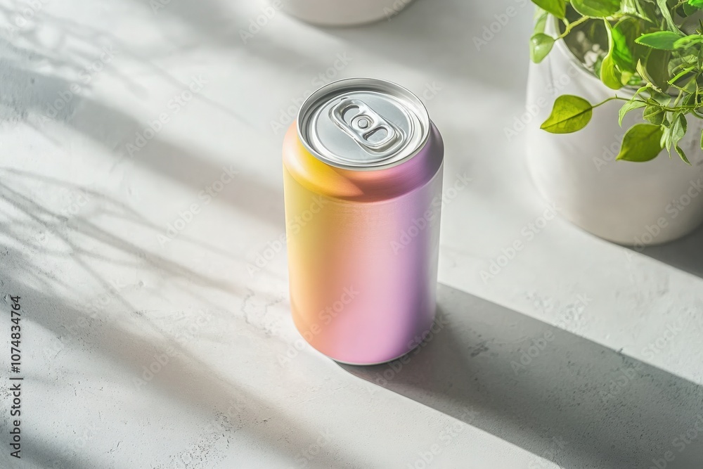A colorful energy drink can mockup stands prominently on a light surface, complemented by green plants in the background, creating a refreshing and energizing atmosphere.