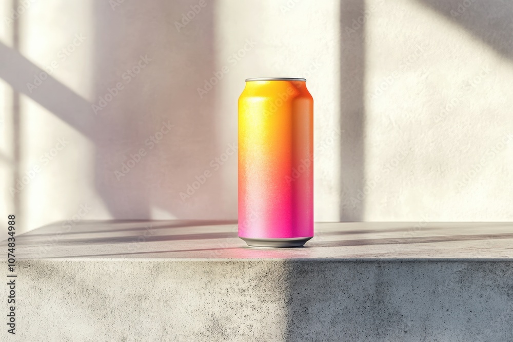 A colorful energy drink can with a vibrant gradient design stands on a textured concrete surface. Soft daylight creates subtle shadows, enhancing the visual appeal and modern aesthetic.