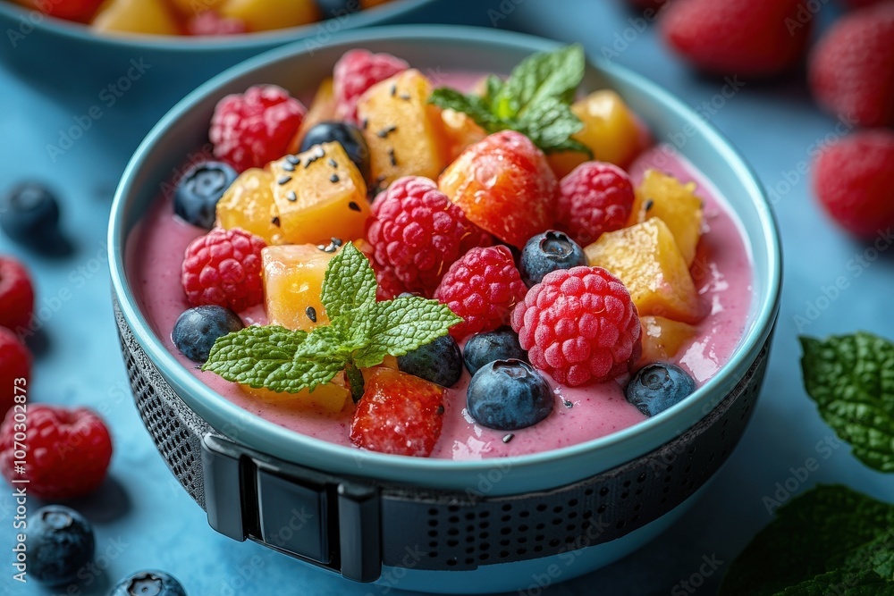 A colorful fitness tracker rests beside a vibrant bowl filled with yogurt topped with fresh fruits. The scene captures a healthy lifestyle, emphasizing nutrition and fitness.