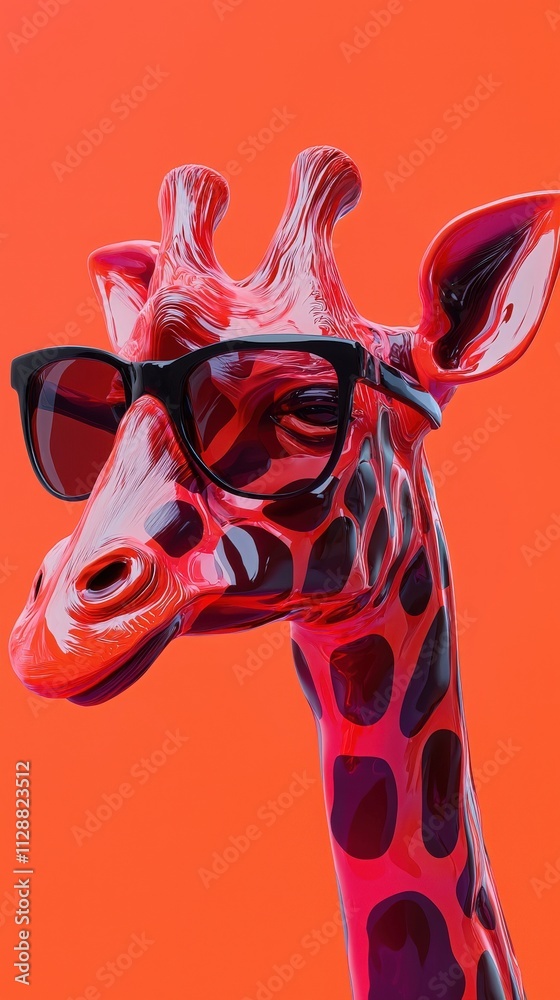 A colorful giraffe sculpture features bold shades and striking patterns set against a bright orange background. This artistic piece combines whimsy with vivid aesthetics, capturing attention.