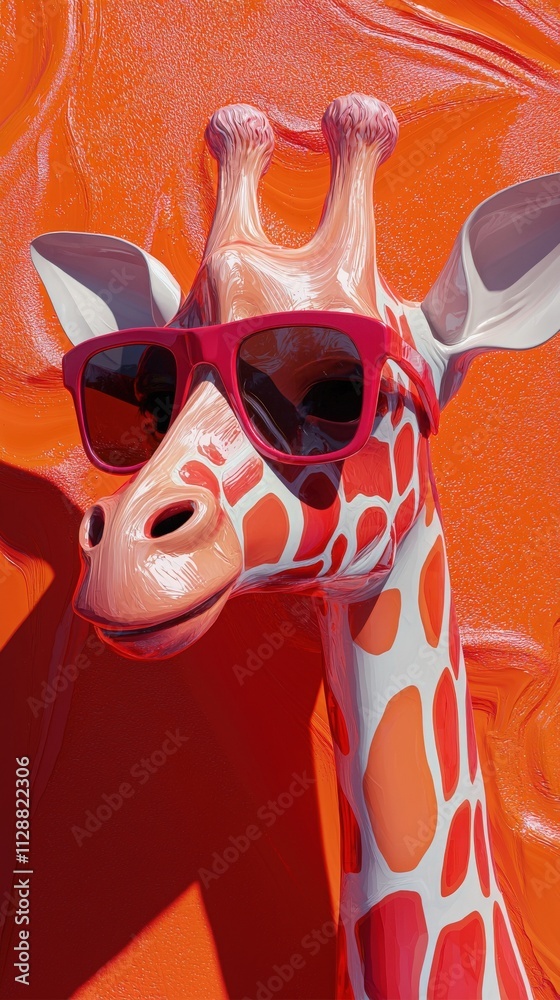 A colorful giraffe statue displays a playful demeanor while wearing bright red sunglasses. It stands against a vibrant orange backdrop, creating a fun and cheerful atmosphere.