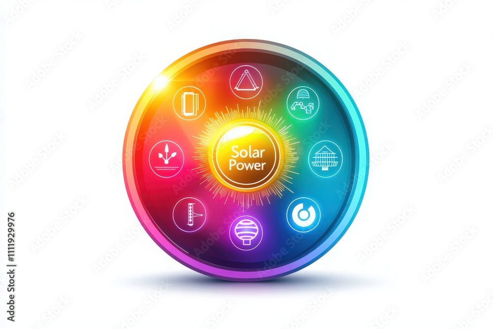 A colorful graphic displays various icons representing solar power concepts such as batteries, plants, and panels. This design illustrates the importance of renewable energy in modern technology.