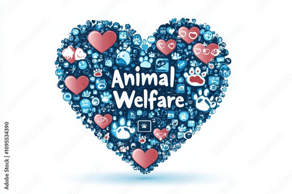 A colorful heart-shaped collage filled with icons representing animal welfare, including paw prints, hearts, and various pet-related symbols.