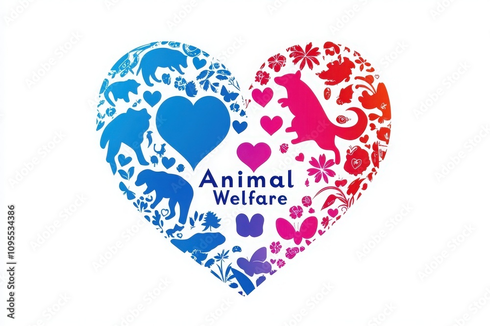 A colorful heart-shaped design illustrates various animals surrounded by flowers, highlighting the importance of animal welfare and compassion for all living creatures.
