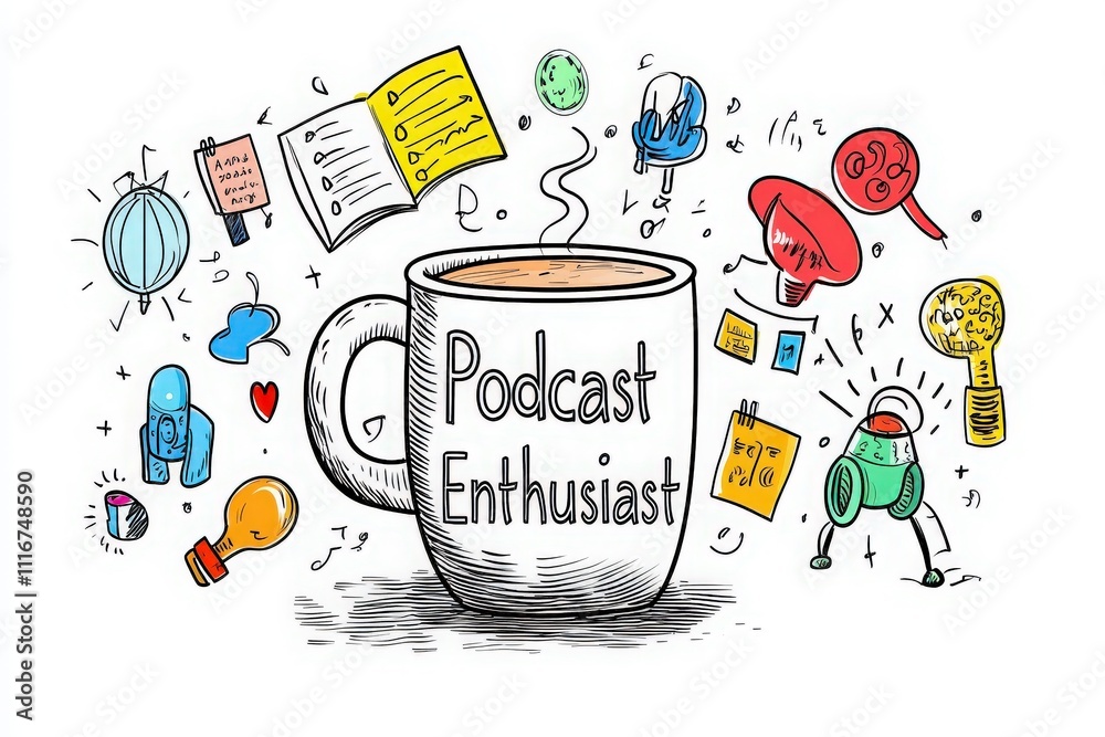 A colorful illustration captures the essence of podcast enthusiasm, featuring a steaming mug surrounded by creative elements such as light bulbs, books, and tools.