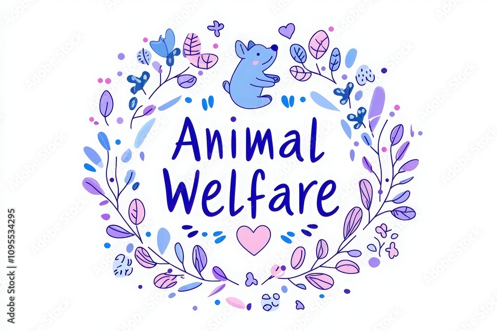 A colorful illustration features a cute blue mouse surrounded by flowers and butterflies. The words Animal Welfare are prominently displayed, emphasizing the importance of caring for animals.