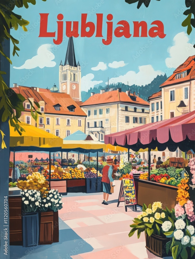 A colorful market in Ljubljana features stalls overflowing with fresh flowers and produce while people stroll and shop, surrounded by beautiful architecture under a clear blue sky.