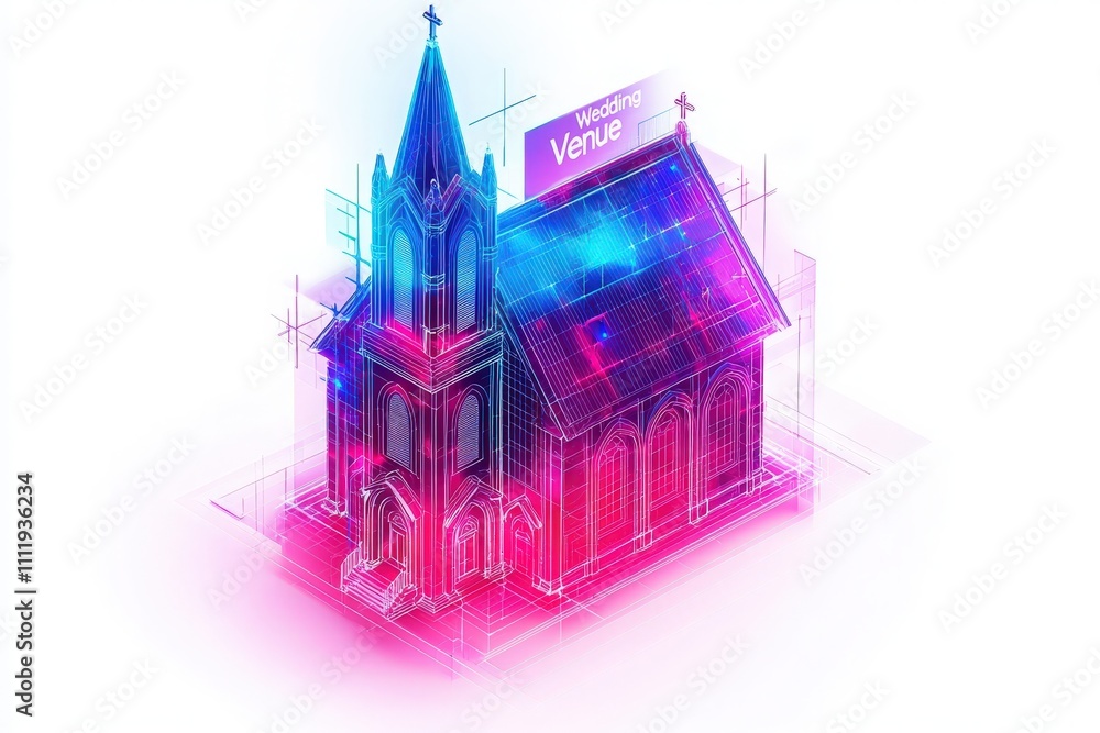 A colorful, modern illustration depicts a wedding venue with intricate architectural details. The design features a vibrant church surrounded by a futuristic atmosphere, showcasing creativity.