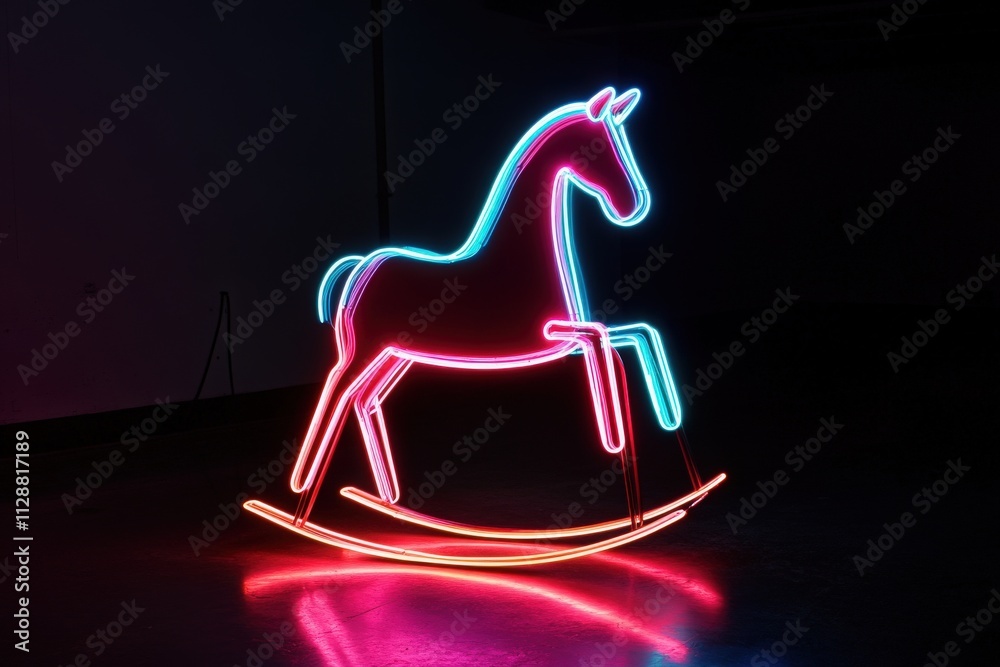 A colorful neon sculpture of a rocking horse stands illuminated in a dark space. The bright blue and pink lights create a playful atmosphere, showcasing artistic creativity.