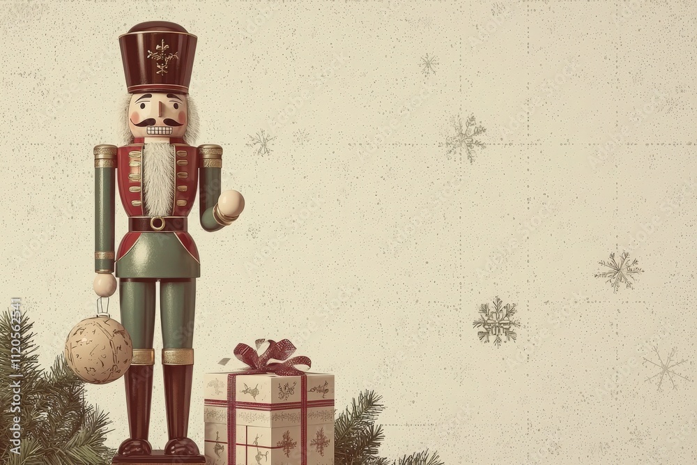 A colorful nutcracker figure holds a round ornament, standing next to a decorated gift box. Snowflakes and green pine branches add a festive atmosphere for the holiday season.