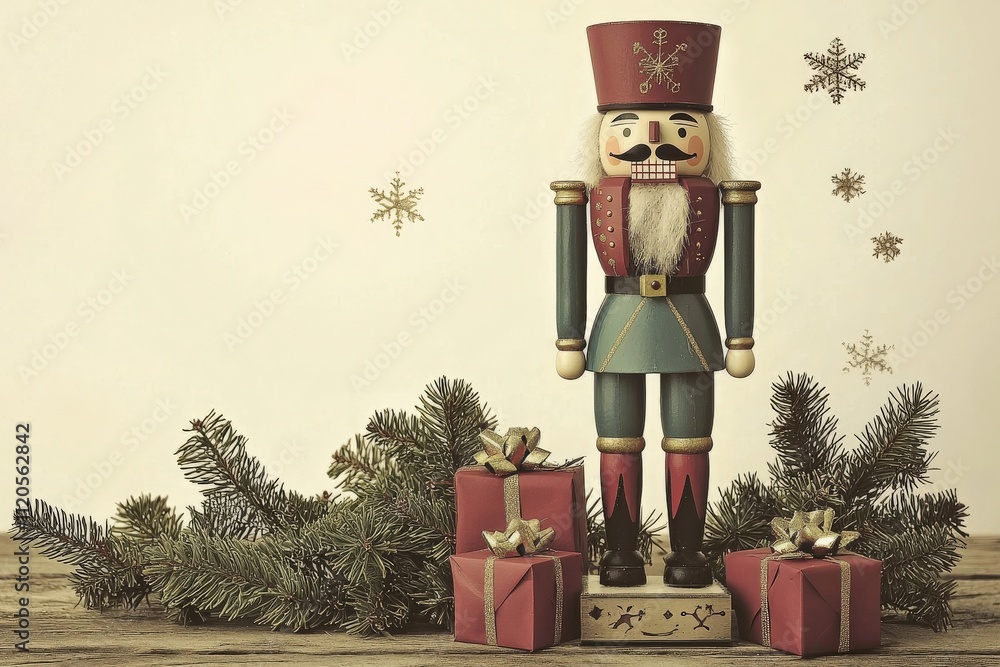 A colorful nutcracker figure is positioned next to green pine branches and wrapped presents. Soft snowflakes add a seasonal charm, setting a warm holiday atmosphere.