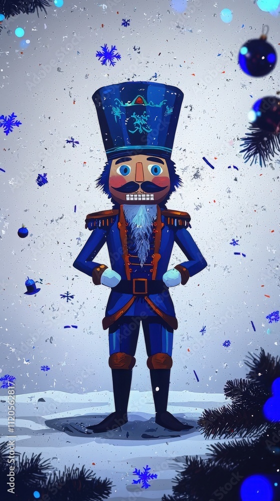 A colorful nutcracker figurine dressed in blue stands proudly against a backdrop of falling snowflakes. The scene is filled with winter decorations, creating a festive atmosphere.