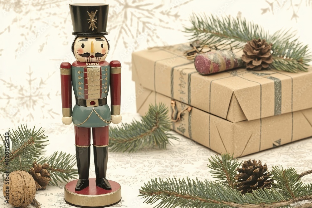 A colorful nutcracker figurine is positioned next to wrapped gifts and pine branches, creating a festive holiday atmosphere. Natural elements enhance the seasonal decor and cheer.