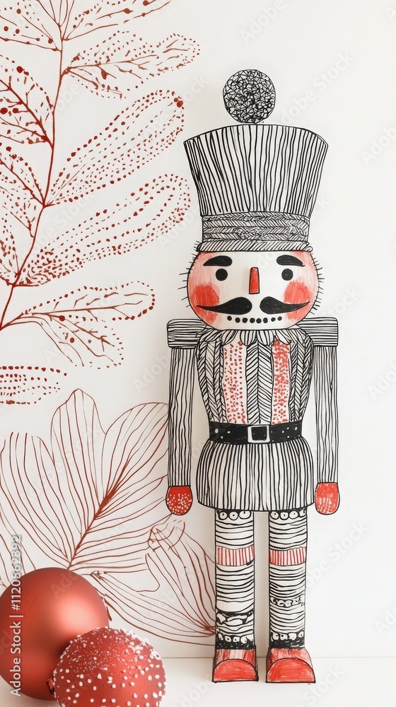 A colorful nutcracker figurine stands next to shiny red ornaments, set against a backdrop of stylized botanical illustrations. This festive display enhances the holiday spirit.