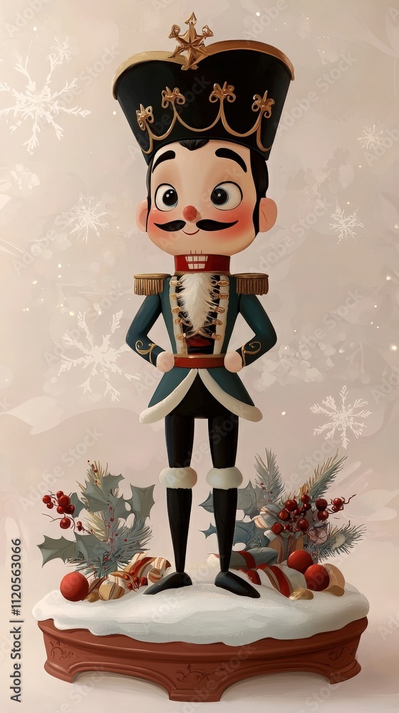 A colorful nutcracker soldier figure displays a cheerful expression while surrounded by festive decorations like holly and ornaments.