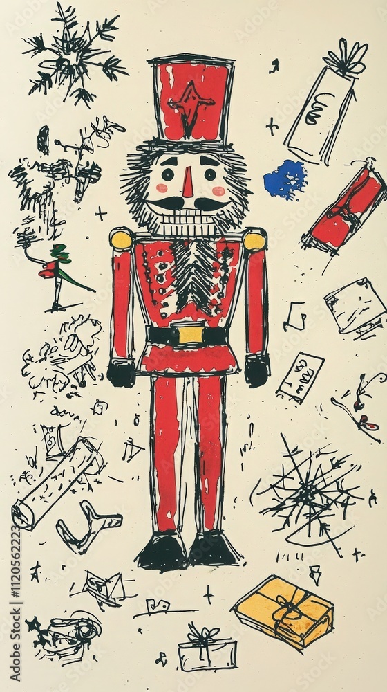 A colorful nutcracker stands at the center, surrounded by various holiday decorations including gifts, trees, and ornaments, creating a cheerful festive atmosphere.