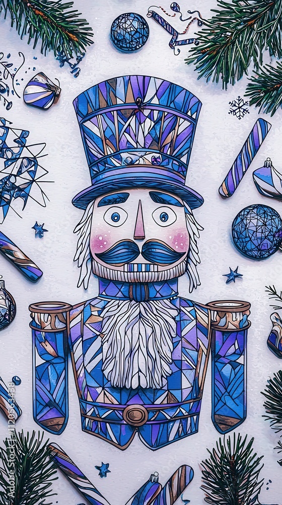 A colorful nutcracker stands centrally, adorned in blue and purple hues, with peppermint swirls and stars surrounding it. Pine branches add a seasonal touch, creating a holiday atmosphere.
