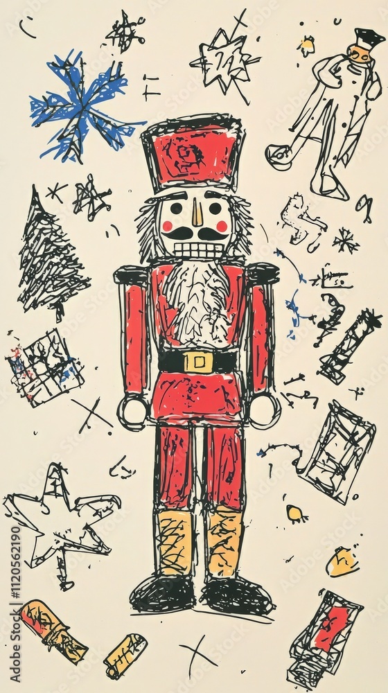 A colorful nutcracker stands prominently in the center, with festive elements like a Christmas tree, snowflakes, and gifts scattered around, creating a whimsical holiday atmosphere.