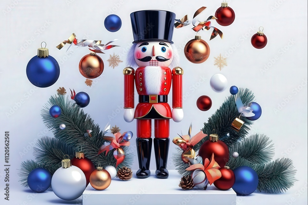 A colorful nutcracker stands proudly amidst an array of vibrant holiday ornaments and lush greenery. The festive arrangement captures the spirit of the season, inviting celebration.
