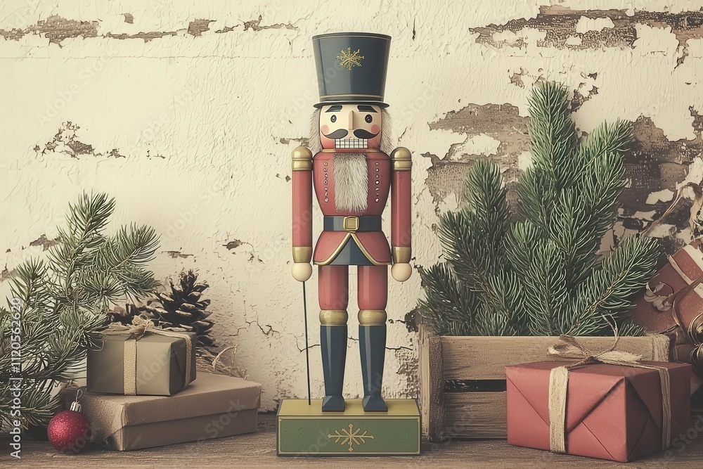 A colorful nutcracker stands proudly among festive greenery and wrapped gifts. The warm, rustic backdrop enhances the holiday spirit, creating a cozy atmosphere ideal for winter celebrations.