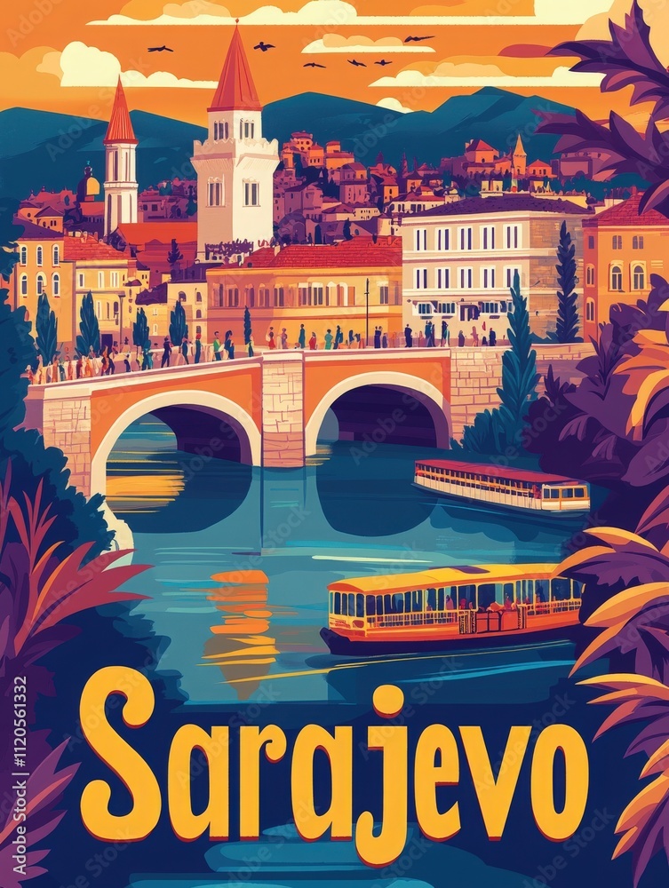 A colorful portrayal of Sarajevo features its iconic bridge and buildings, reflecting the lively atmosphere. Boats glide along the river as people enjoy the beautiful sunset view.