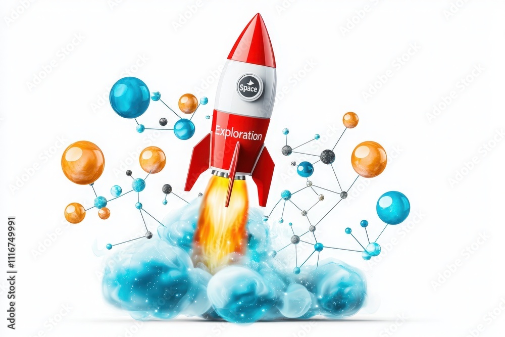 A colorful rocket is launching amidst clouds of blue and orange. Surrounding it are various scientific symbols and molecules, illustrating the theme of space exploration and discovery.