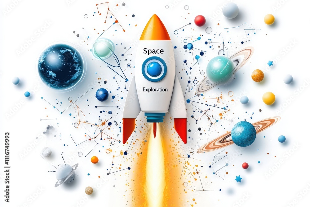 A colorful rocket takes off, surrounded by various planets and stars, symbolizing the adventure of space exploration. The dynamic scene showcases a universe filled with vibrant celestial bodies.
