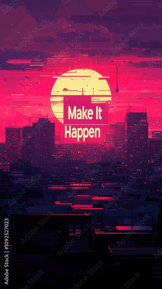 A colorful skyline displays illuminated buildings against a pink and orange sunset. The phrase Make It Happen stands prominently in the foreground, blending art and inspiration.