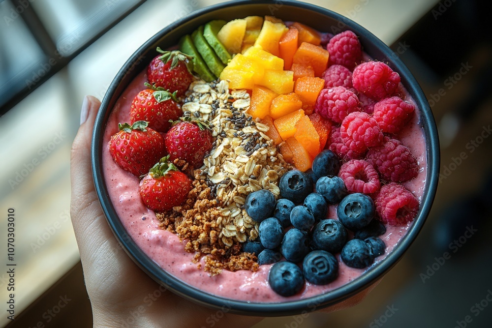 A colorful smoothie bowl is held in hand, featuring an array of fruits like strawberries, blueberries, and mango, topped with crunchy granola and a creamy base, inviting a healthy snack.