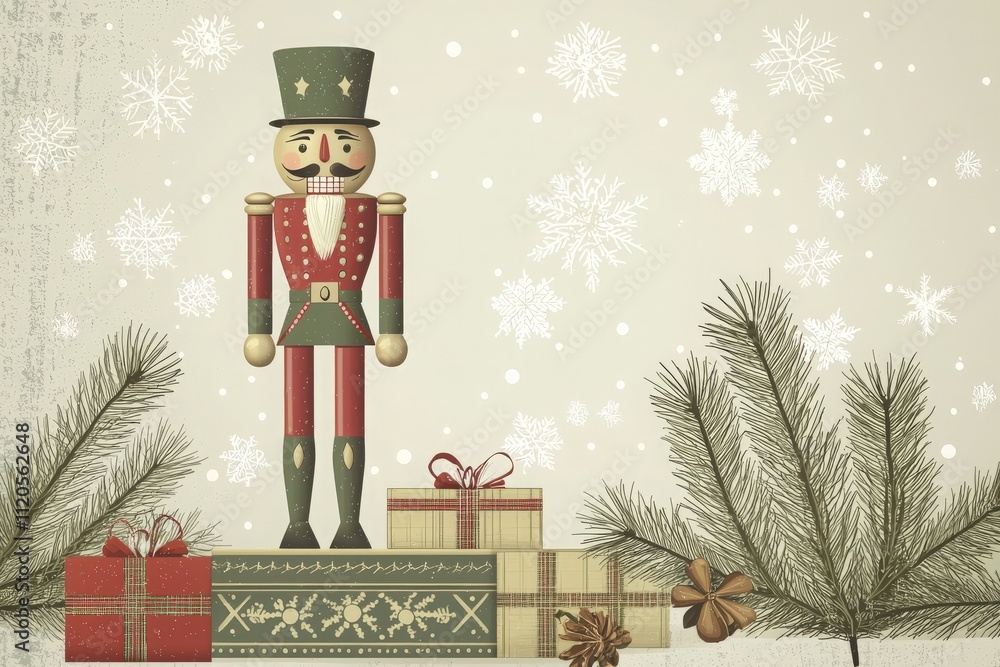A colorful vintage nutcracker stands proudly among wrapped gifts, with snowflakes gently falling in a cozy winter atmosphere. Evergreen branches add a touch of nature to the scene.