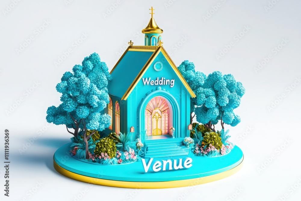 A colorful wedding venue model features a charming design with a turquoise exterior and golden accents. Surrounding trees and plants add a natural touch, making it an ideal choice for celebrations.